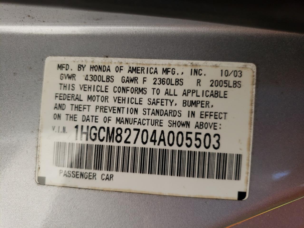 Photo 10 from auction – 2004 HONDA ACCORD EX with VIN 1HGCM82704A005503