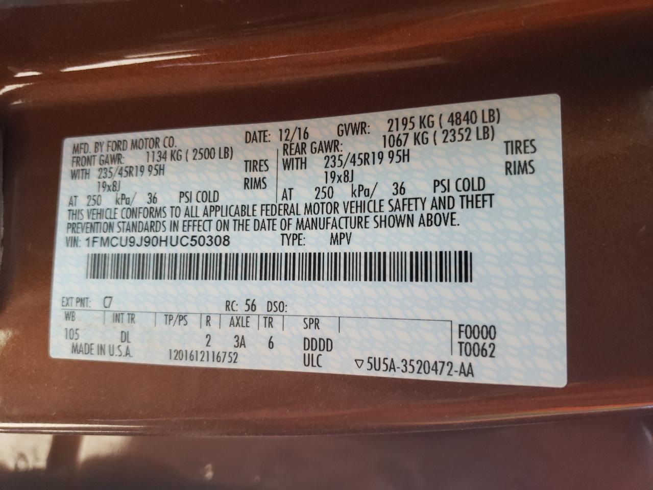 Photo 10 from auction – 2017 FORD ESCAPE with VIN 1FMCU9J90HUC50308
