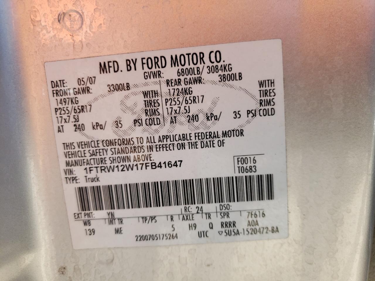 Photo 10 from auction – 2007 FORD F150 SUPER with VIN 1FTRW12W17FB41647
