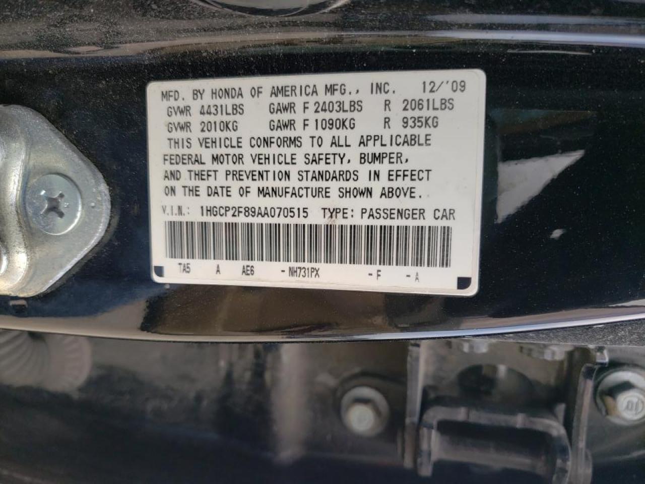 Photo 10 from auction – 2010 HONDA ACCORD EXL with VIN 1HGCP2F89AA070515