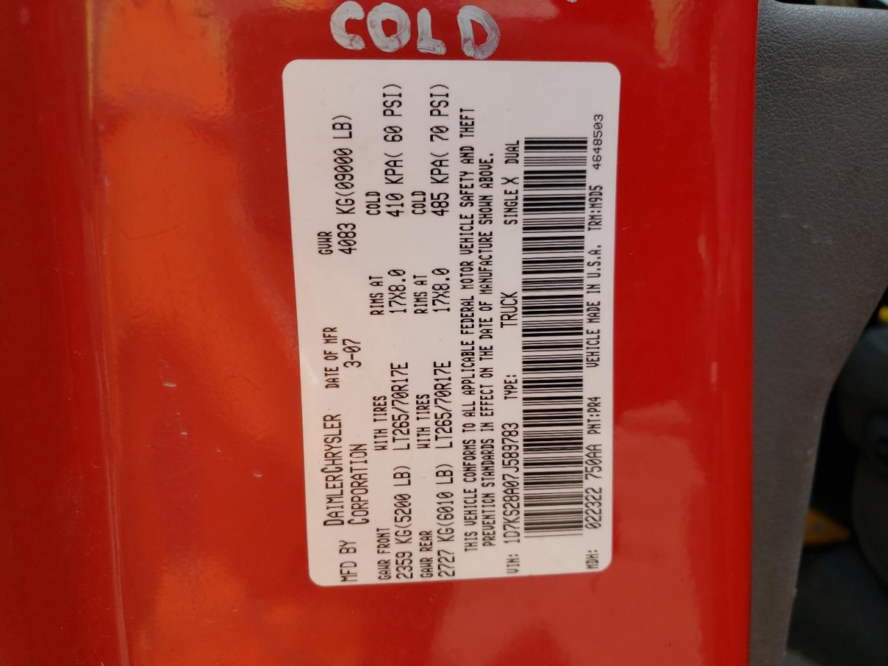Photo 10 from auction – 2007 DODGE RAM 2500 S with VIN 1D7KS28A07J589783