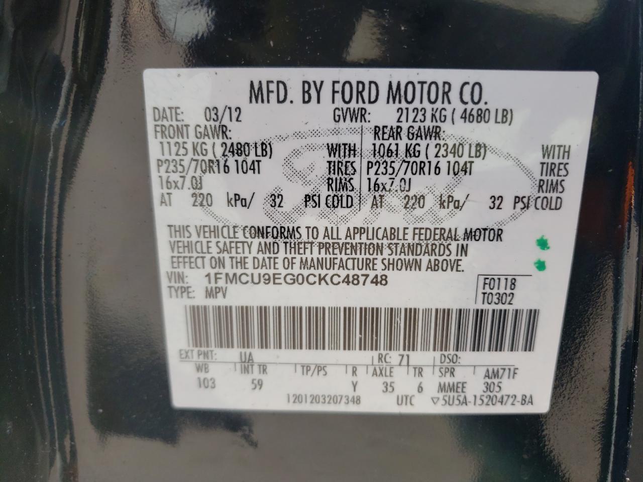 Photo 10 from auction – 2012 FORD ESCAPE LIM with VIN 1FMCU9EG0CKC48748