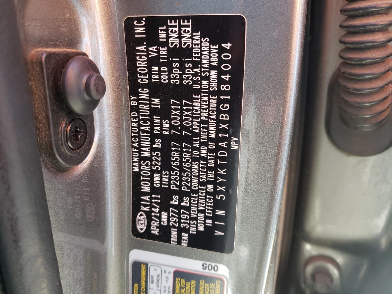 Photo 10 from auction – 2011 KIA SORENTO BA with VIN 5XYKTDA1XBG184004