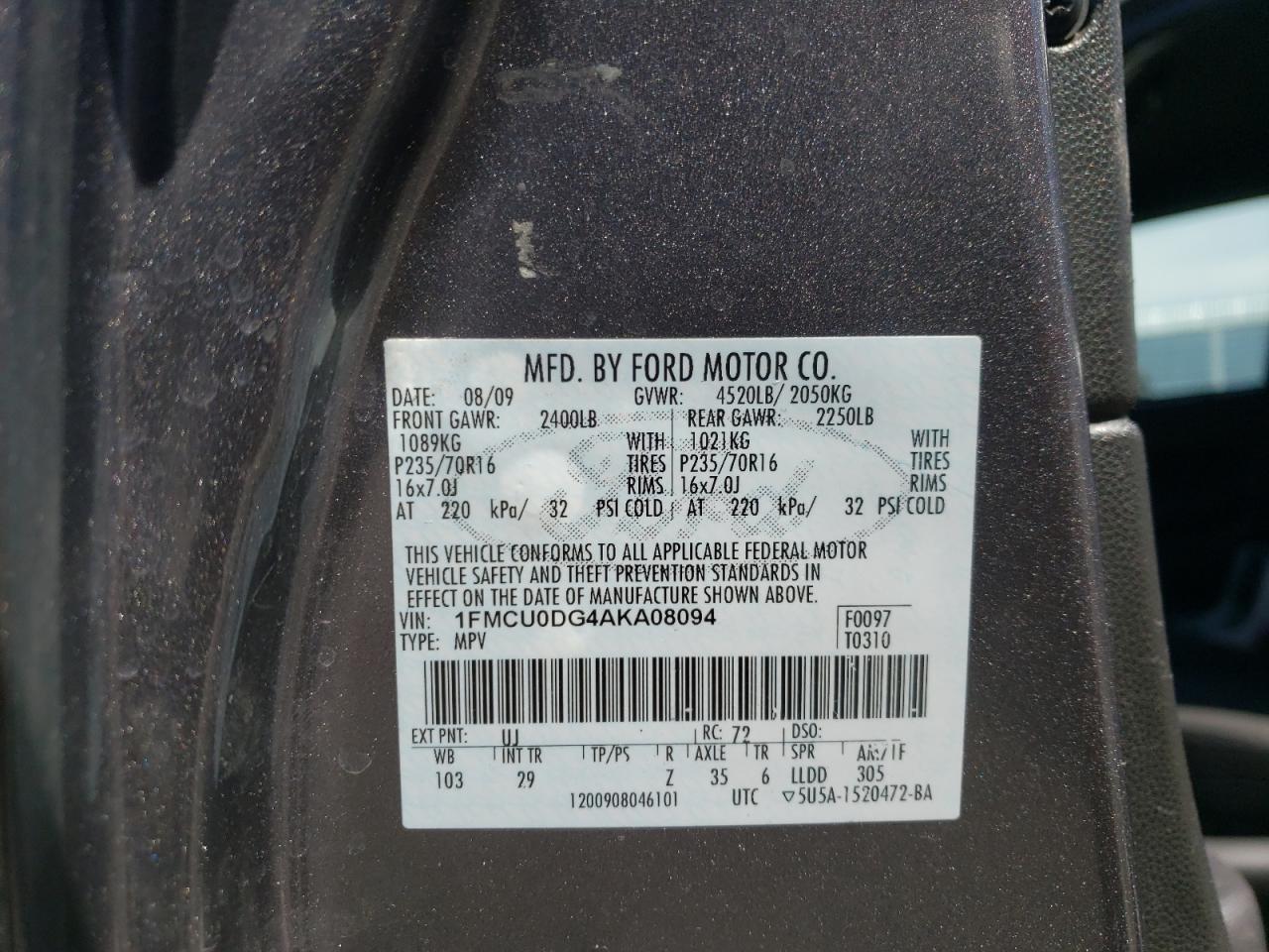 Photo 10 from auction – 2010 FORD ESCAPE XLT with VIN 1FMCU0DG4AKA08094