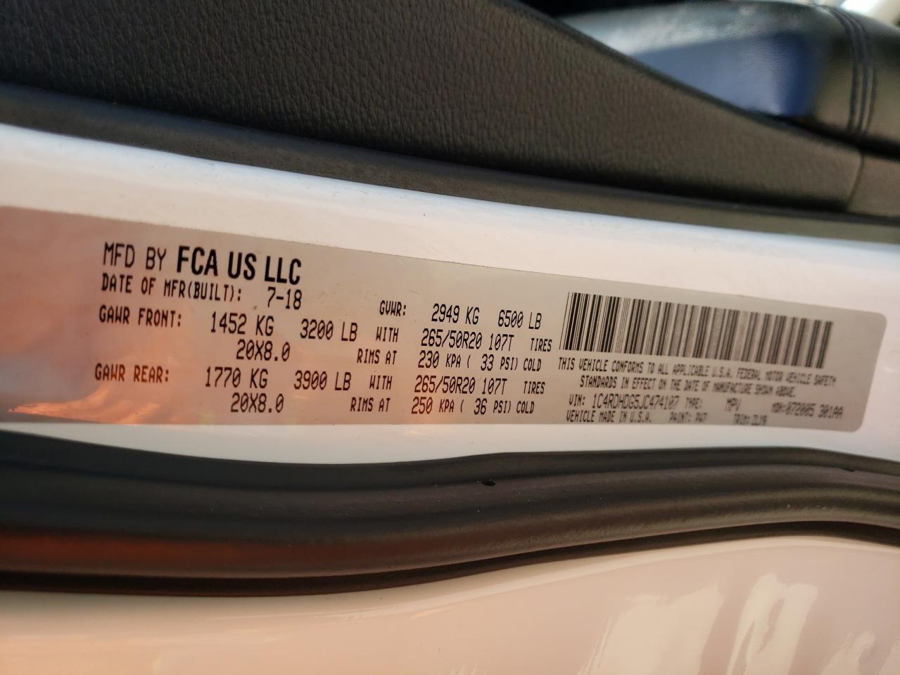 Photo 10 from auction – 2018 DODGE DURANGO GT with VIN 1C4RDHDG5JC474107