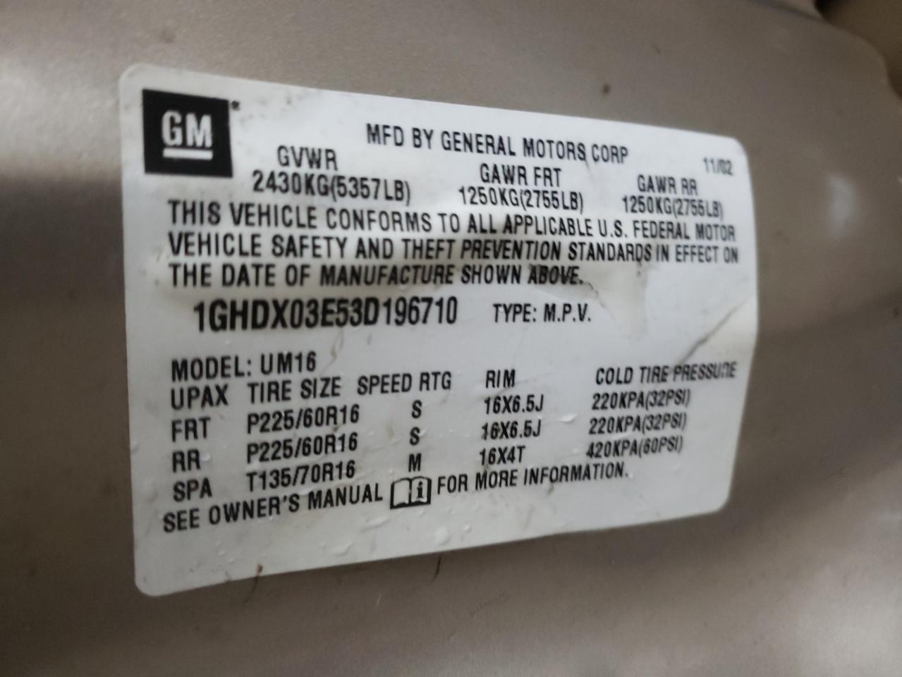 Photo 10 from auction – 2003 OLDSMOBILE SILHOUETTE with VIN 1GHDX03E53D196710