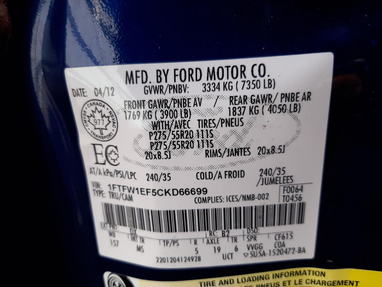Photo 10 from auction – 2012 FORD F150 SUPER with VIN 1FTFW1EF5CKD66699
