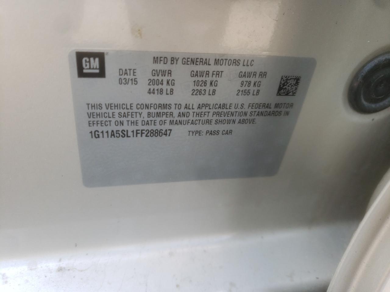 Photo 10 from auction – 2015 CHEVROLET MALIBU LS with VIN 1G11A5SL1FF288647