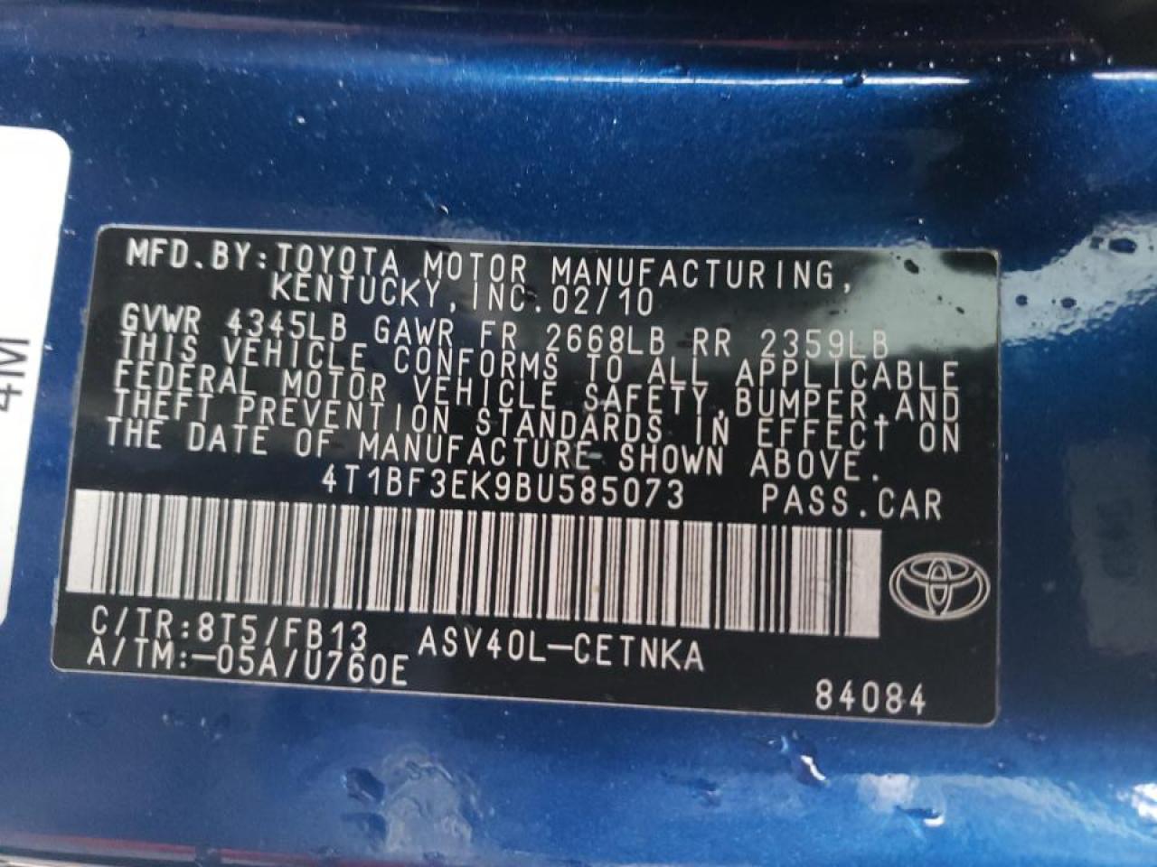 Photo 10 from auction – 2011 TOYOTA CAMRY BASE with VIN 4T1BF3EK9BU585073