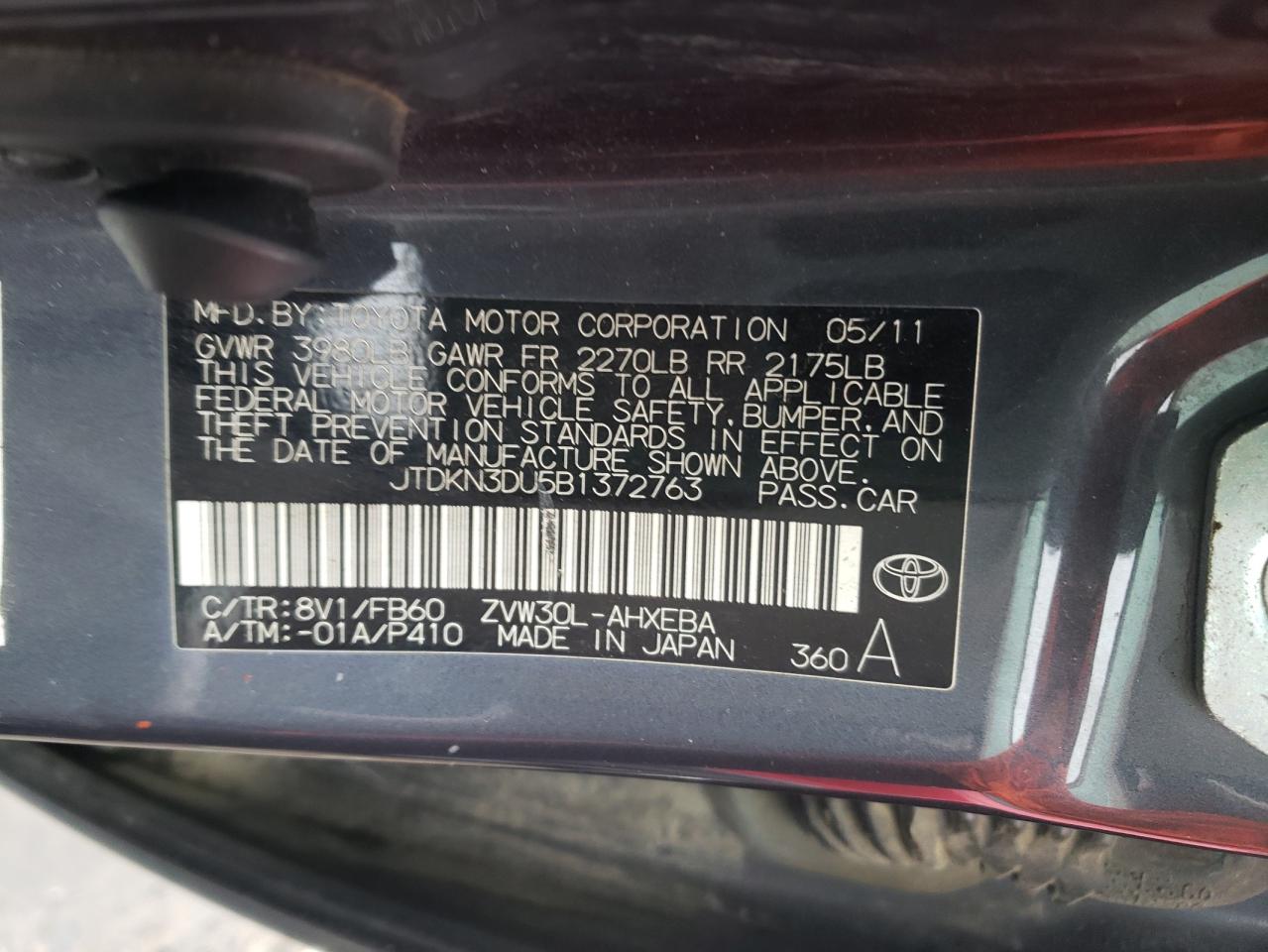 Photo 10 from auction – 2011 TOYOTA PRIUS with VIN JTDKN3DU5B1372763