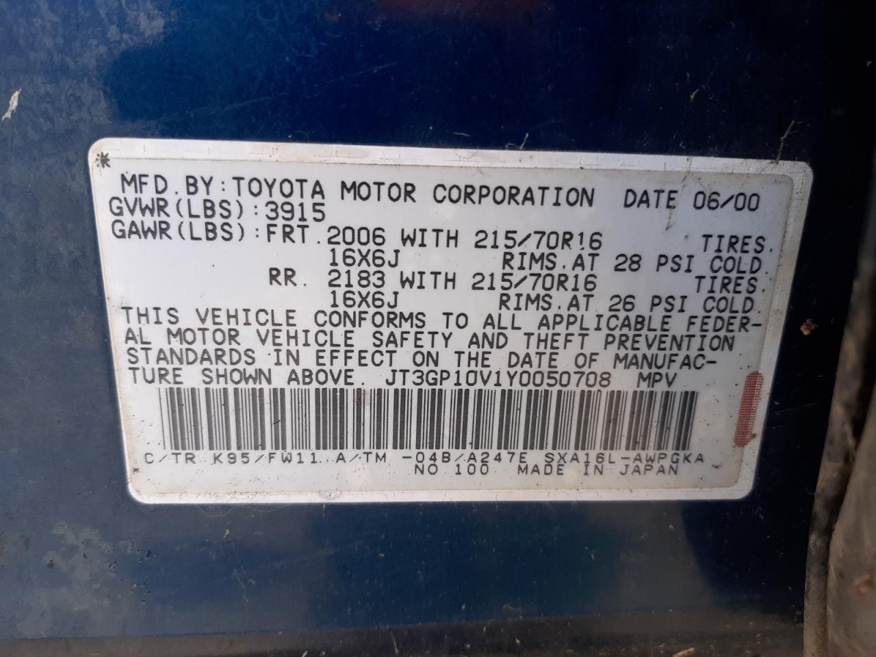 Photo 10 from auction – 2000 TOYOTA RAV4 with VIN JT3GP10V1Y0050708
