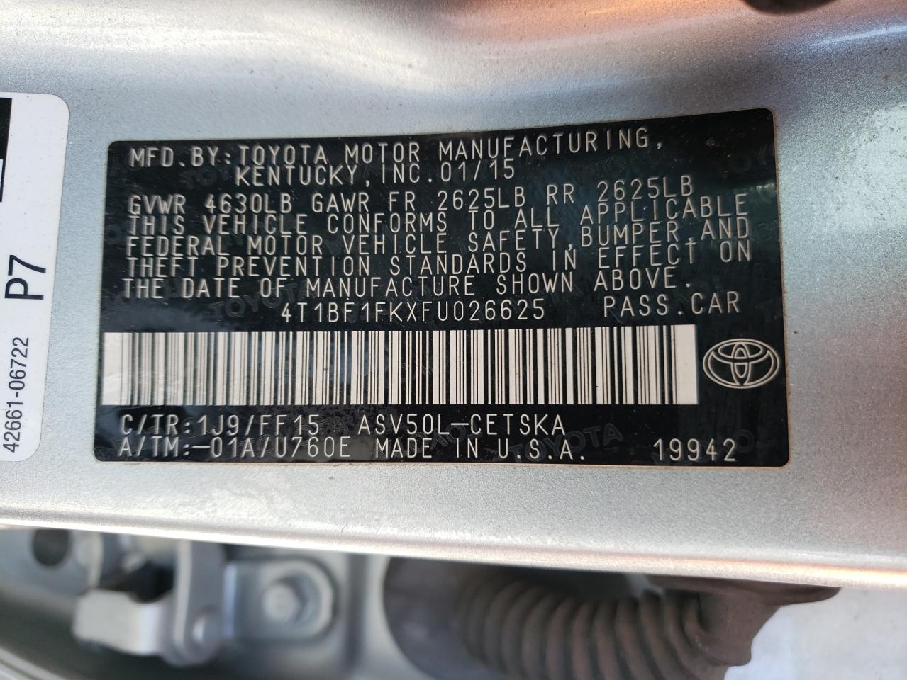 Photo 10 from auction – 2015 TOYOTA CAMRY LE with VIN 4T1BF1FKXFU026625