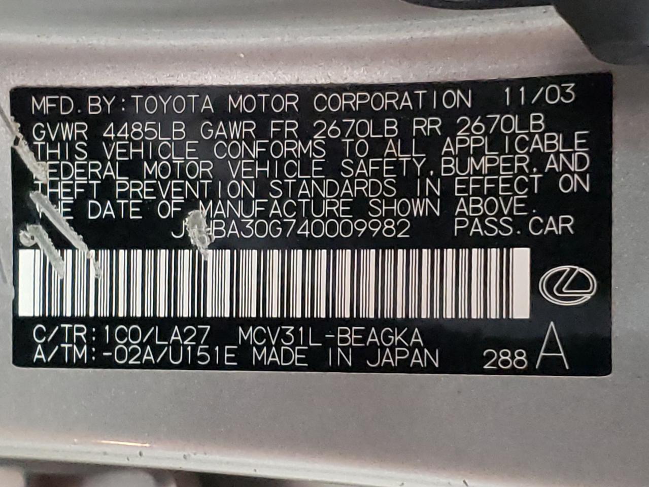 Photo 10 from auction – 2004 LEXUS ES 330 with VIN JTHBA30G740009982