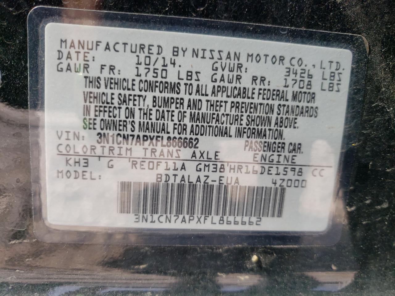 Photo 10 from auction – 2015 NISSAN VERSA S with VIN 3N1CN7APXFL866662