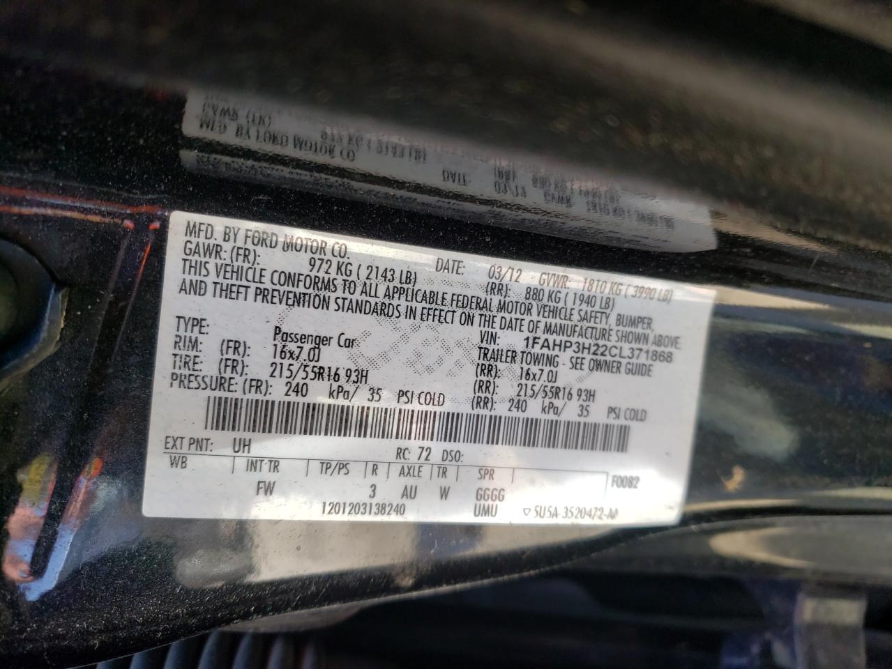 Photo 10 from auction – 2012 FORD FOCUS SEL with VIN 1FAHP3H22CL371868