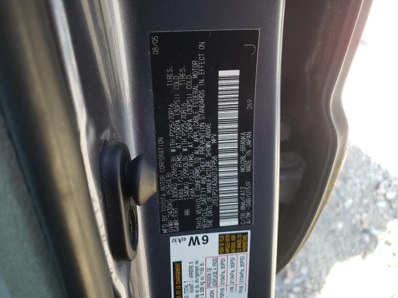 Zdjęcie 10 z aukcji – 2006 TOYOTA HIGHLANDER z VIN JTEEP21A360137958
