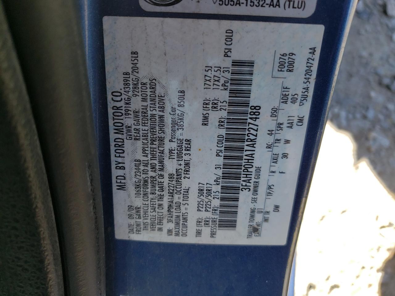 Photo 10 from auction – 2010 FORD FUSION with VIN 3FAHP0HA1AR227488