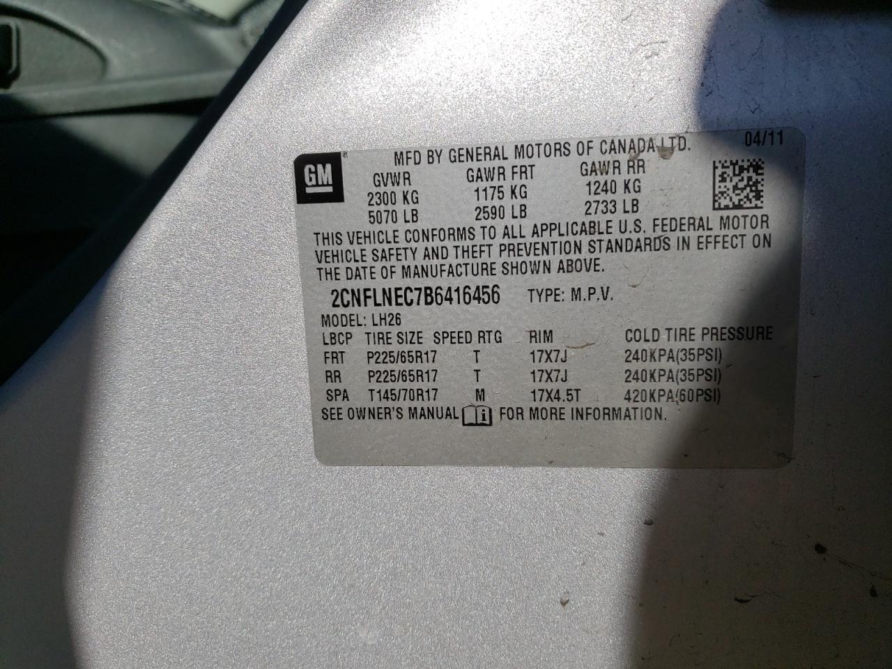Photo 10 from auction – 2011 CHEVROLET EQUINOX LT with VIN 2CNFLNEC7B6416456