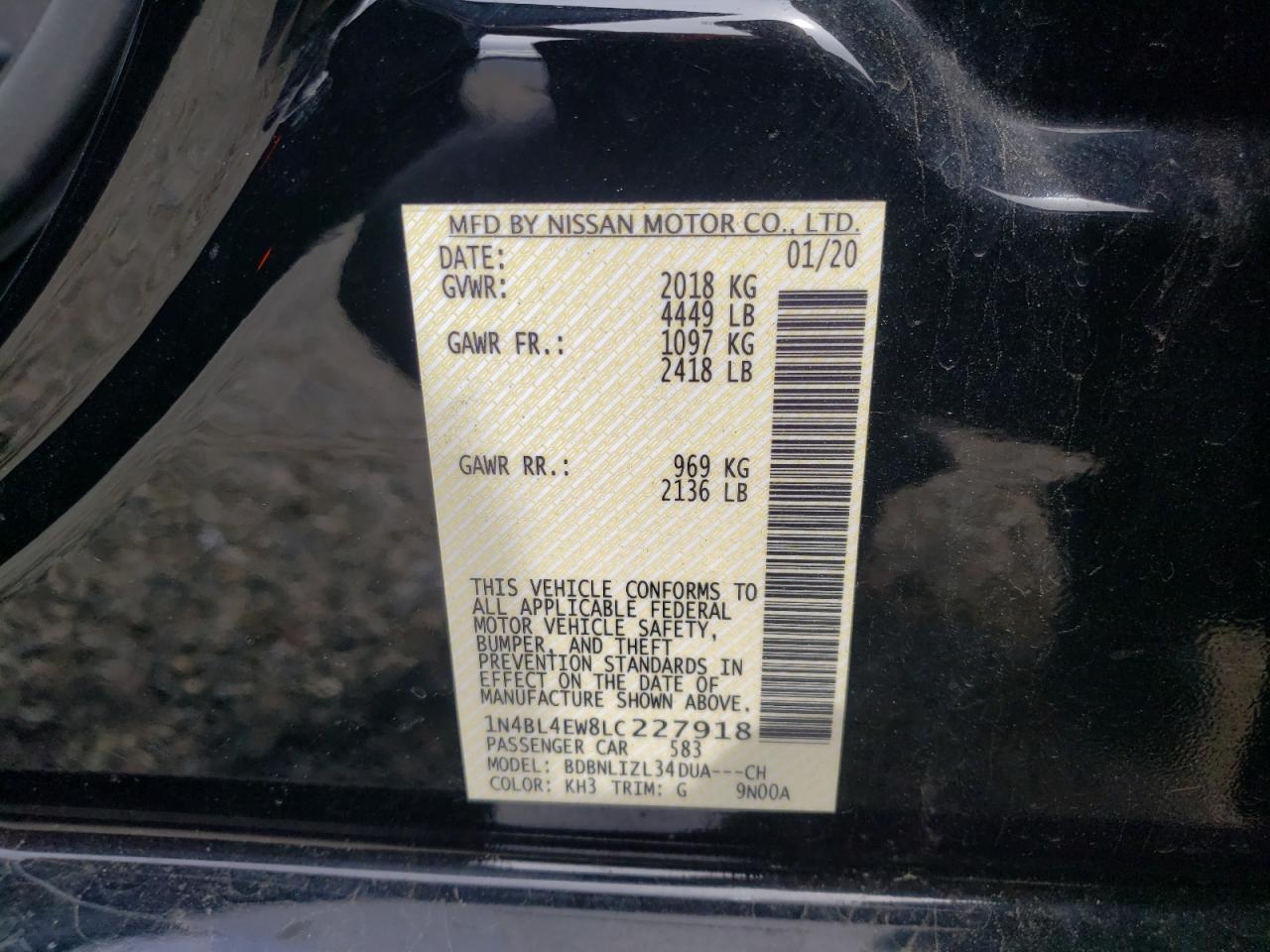 Photo 10 from auction – 2020 NISSAN ALTIMA SL with VIN 1N4BL4EW8LC227918