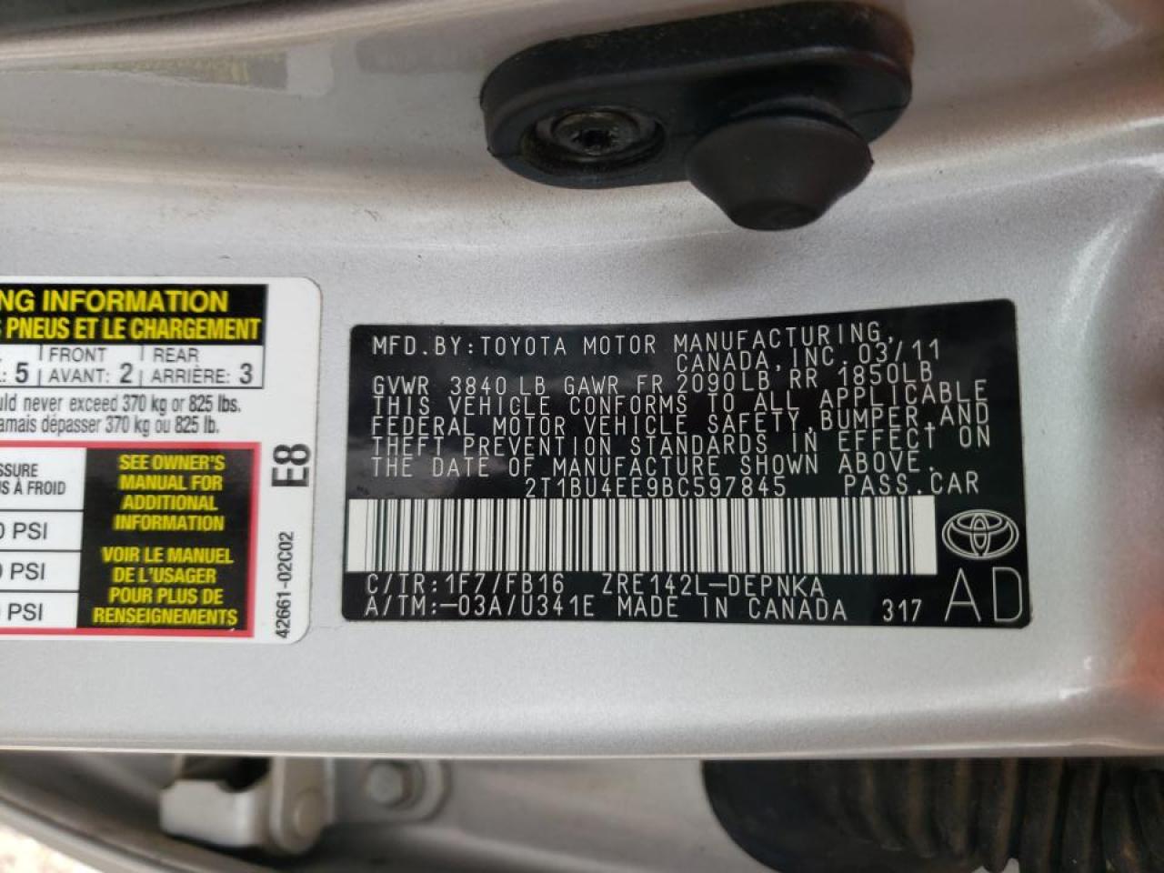 Photo 10 from auction – 2011 TOYOTA COROLLA BA with VIN 2T1BU4EE9BC597845