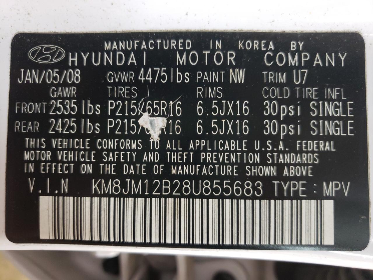 Photo 10 from auction – 2008 HYUNDAI TUCSON GLS with VIN KM8JM12B28U855683