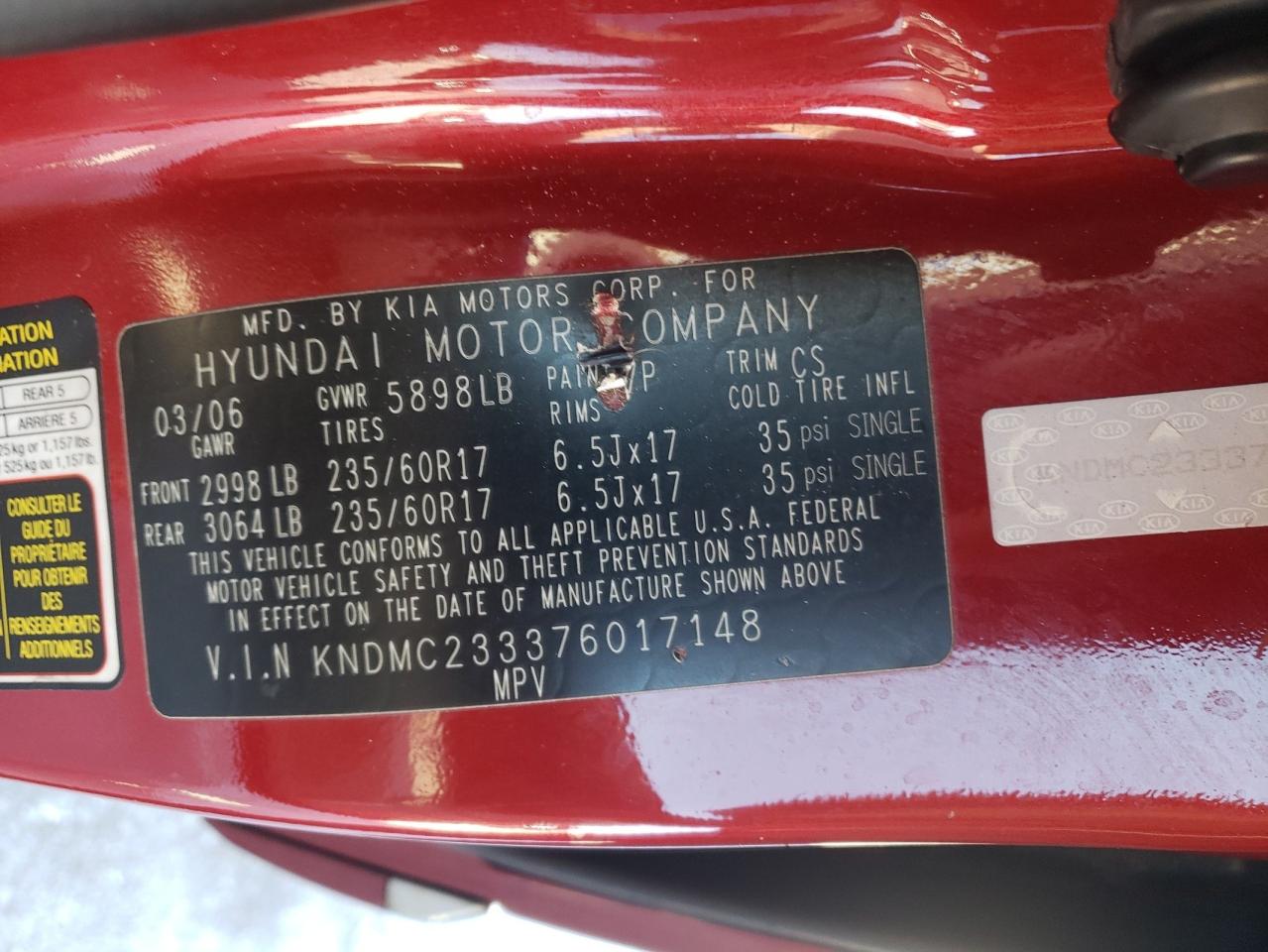 Photo 10 from auction – 2007 HYUNDAI ENTOURAGE with VIN KNDMC233376017148