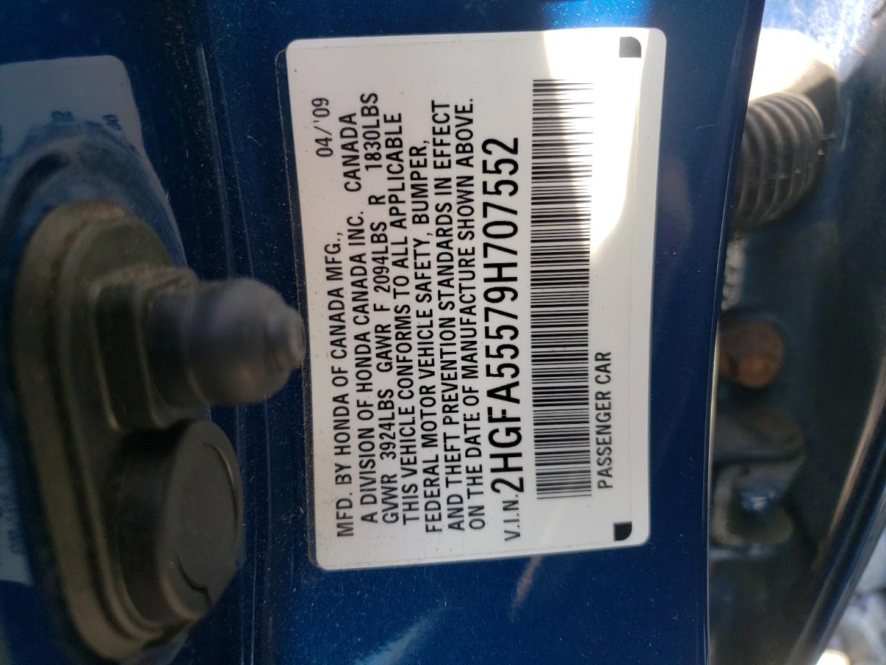 Photo 10 from auction – 2009 HONDA CIVIC SI with VIN 2HGFA55579H707552