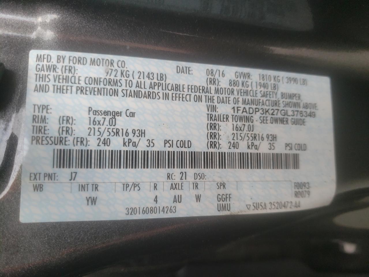 Photo 10 from auction – 2016 FORD FOCUS SE with VIN 1FADP3K27GL376349