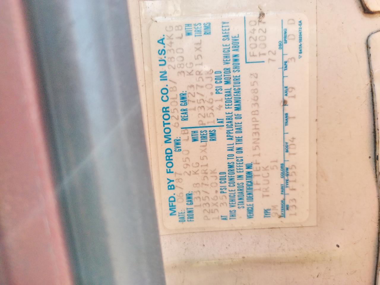 Photo 10 from auction – 1987 FORD F150 with VIN 1FTEF15N3HPB36852