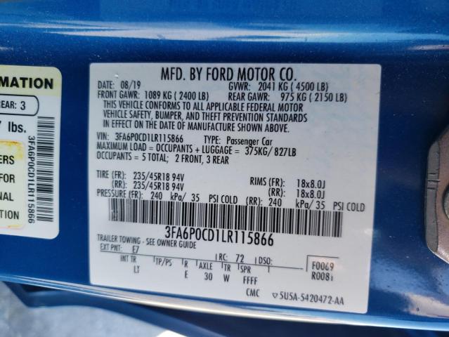 Photo 10 from auction – 2020 FORD FUSION SEL with VIN 3FA6P0CD1LR115866