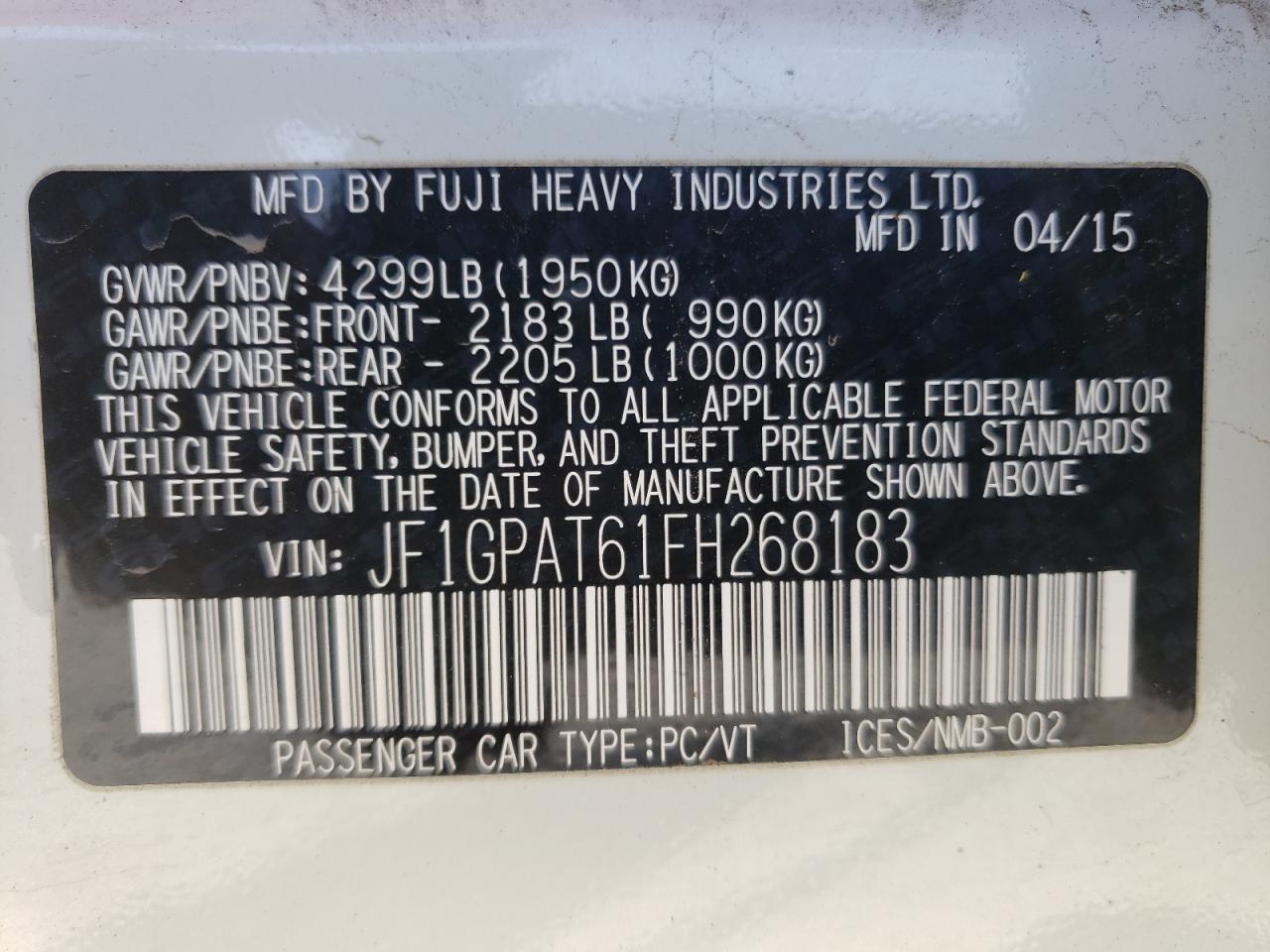 Photo 10 from auction – 2015 SUBARU IMPREZA SP with VIN JF1GPAT61FH268183