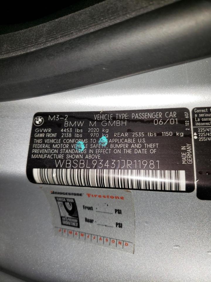 Photo 10 from auction – 2001 BMW M3 CI with VIN WBSBL93431JR11981