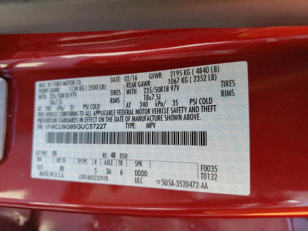 Photo 20 from auction – 2016 FORD ESCAPE SE with VIN 1FMCU9G95GUC57227