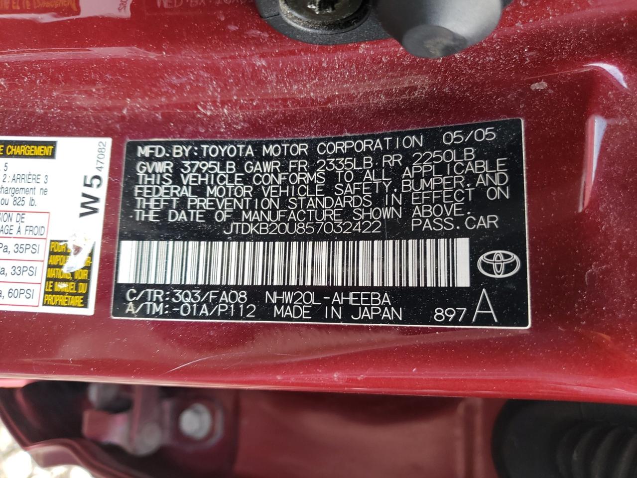 Photo 10 from auction – 2005 TOYOTA PRIUS with VIN JTDKB20U857032422