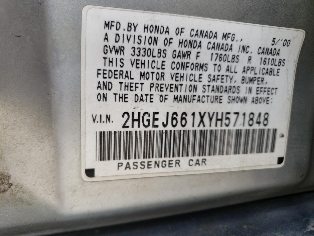 Photo 10 from auction – 2000 HONDA CIVIC BASE with VIN 2HGEJ661XYH571848