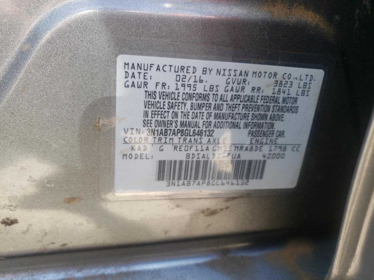 Photo 10 from auction – 2016 NISSAN SENTRA S with VIN 3N1AB7AP8GL646132