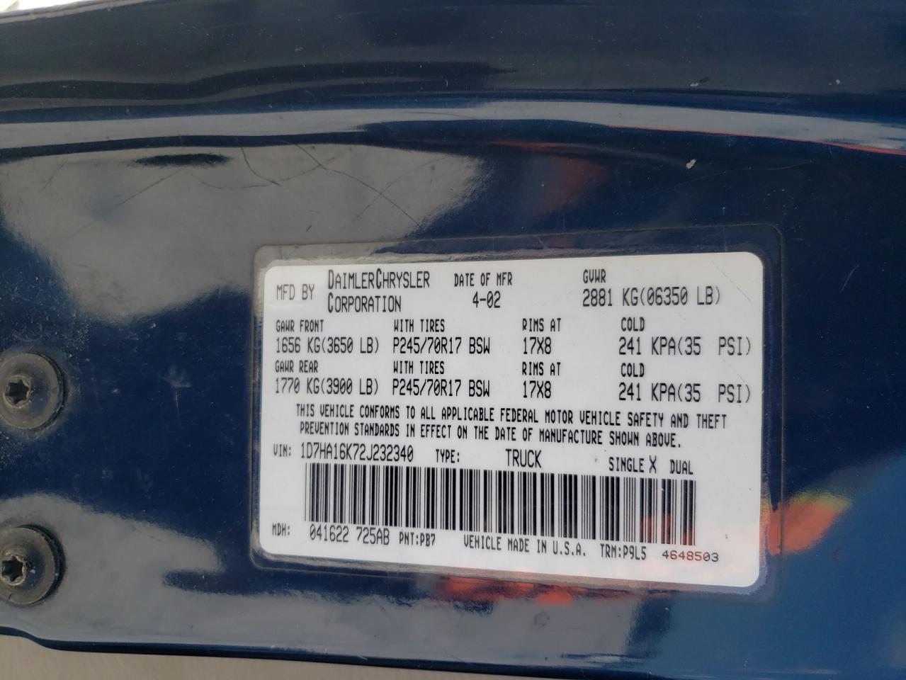 Photo 10 from auction – 2002 DODGE RAM 1500 with VIN 1D7HA16K72J232340