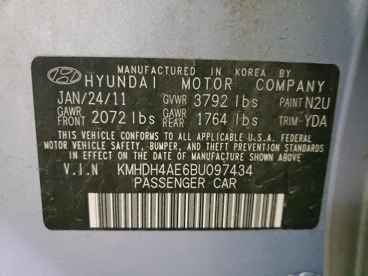 Photo 10 from auction – 2011 HYUNDAI ELANTRA GL with VIN KMHDH4AE6BU097434