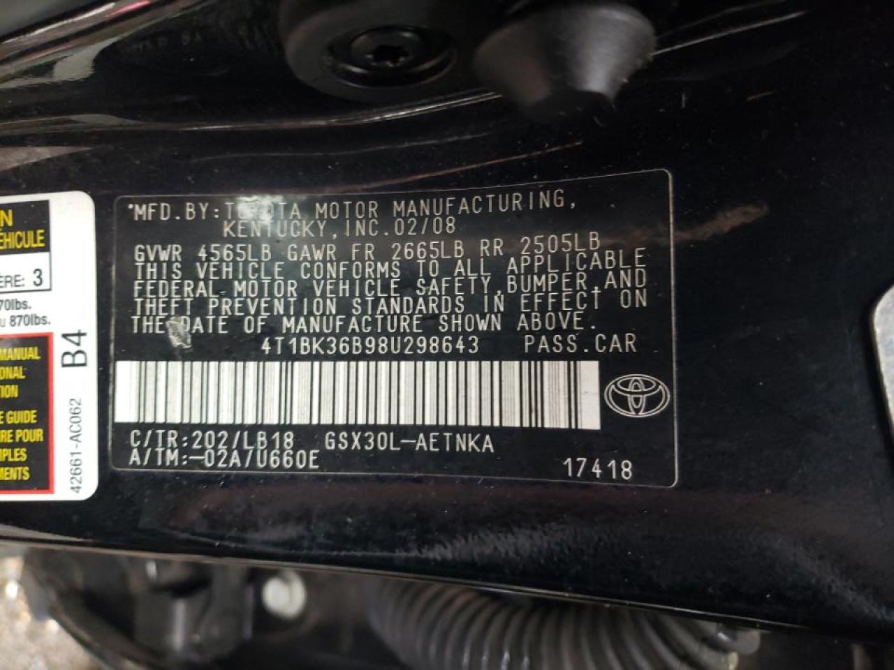 Photo 10 from auction – 2008 TOYOTA AVALON XL with VIN 4T1BK36B98U298643