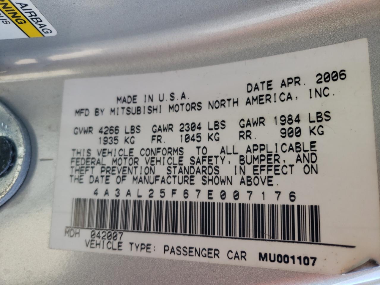 Photo 10 from auction – 2007 MITSUBISHI ECLIPSE SP with VIN 4A3AL25F67E007176