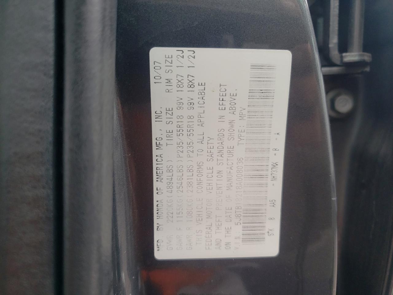 Photo 10 from auction – 2008 ACURA RDX with VIN 5J8TB18218A008036
