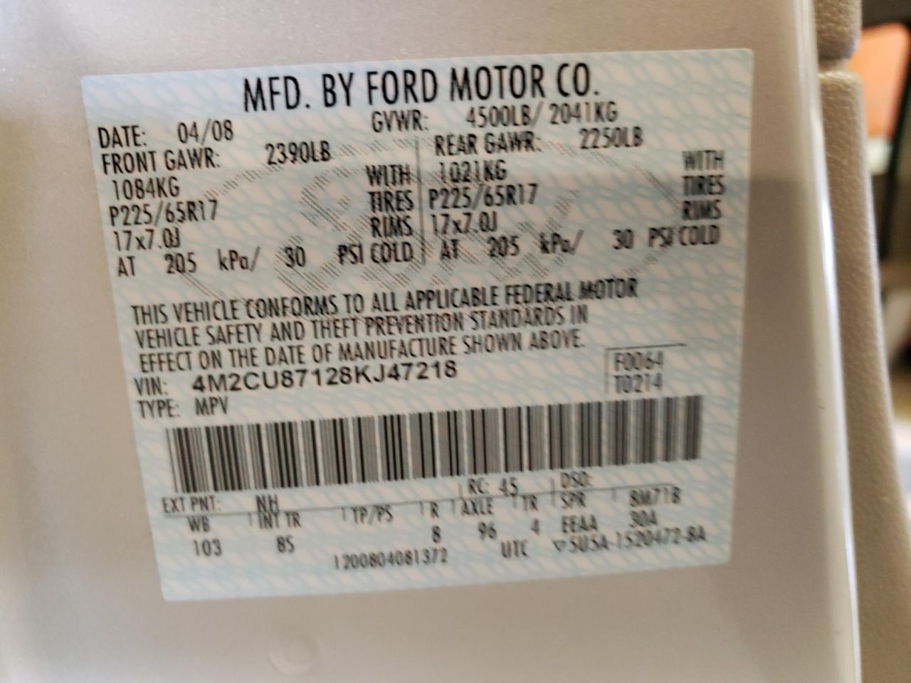 Photo 10 from auction – 2008 MERCURY MARINER PR with VIN 4M2CU87128KJ47218