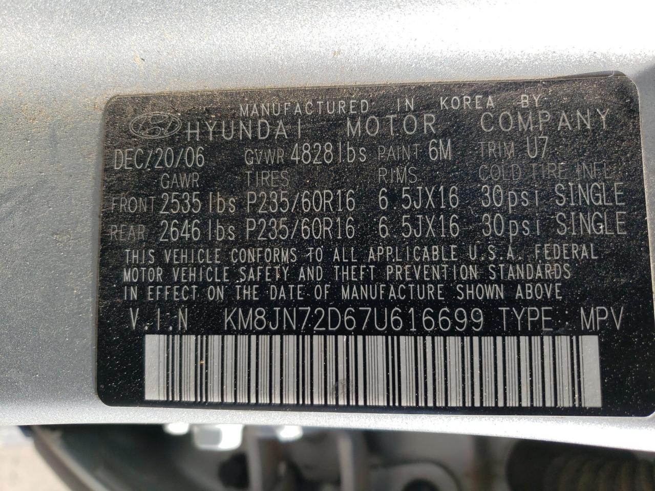 Photo 10 from auction – 2007 HYUNDAI TUCSON SE with VIN KM8JN72D67U616699