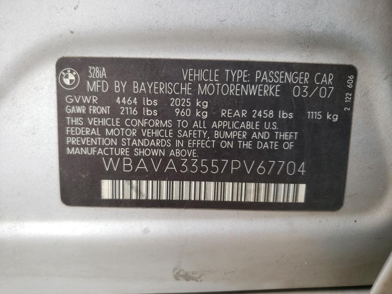 Photo 10 from auction – 2007 BMW 328 I with VIN WBAVA33557PV67704