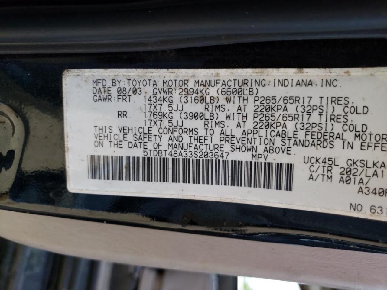 Photo 10 from auction – 2003 TOYOTA SEQUOIA LI with VIN 5TDBT48A33S203647