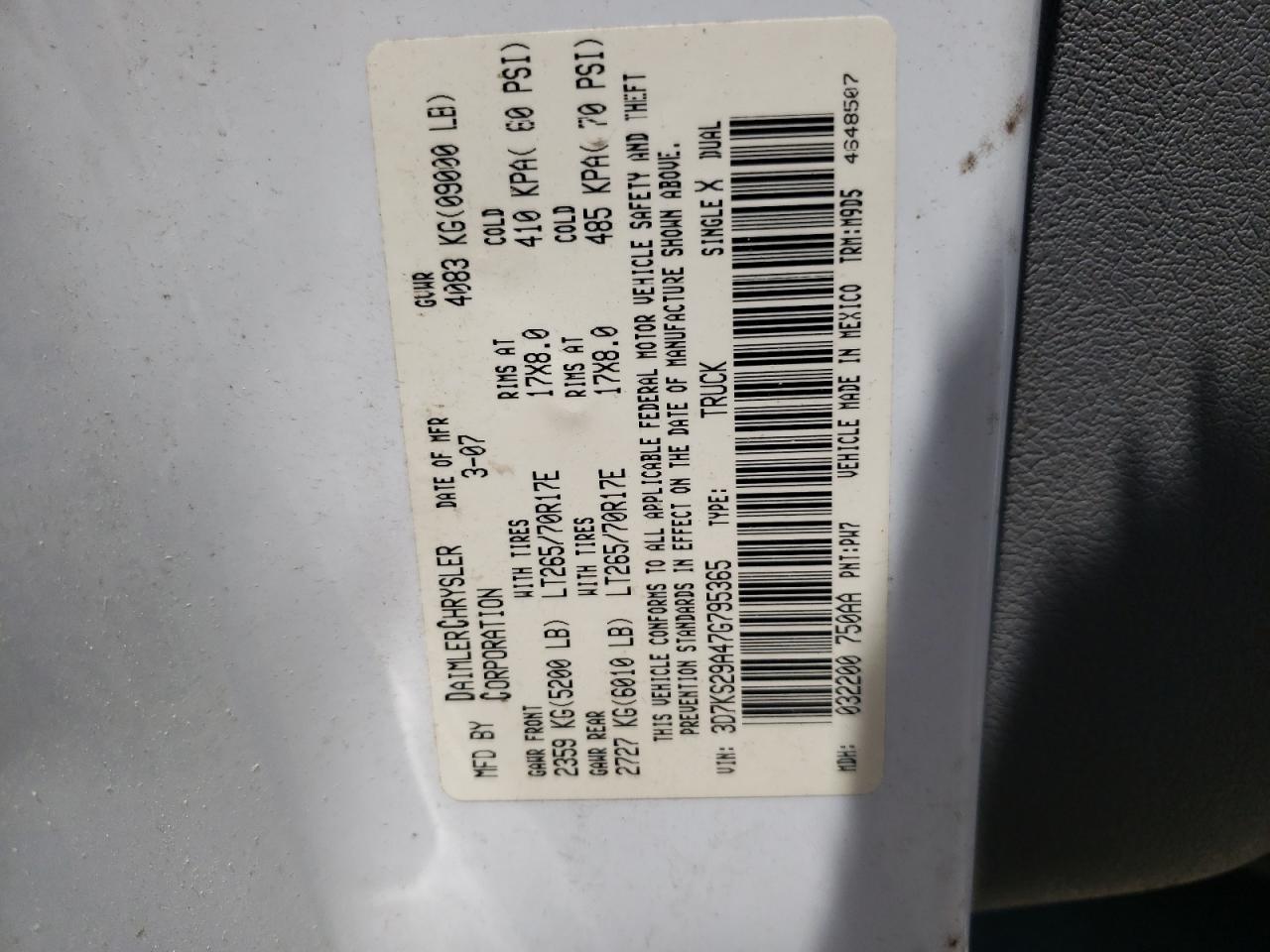 Photo 10 from auction – 2007 DODGE RAM 2500 with VIN 3D7KS29A47G795365