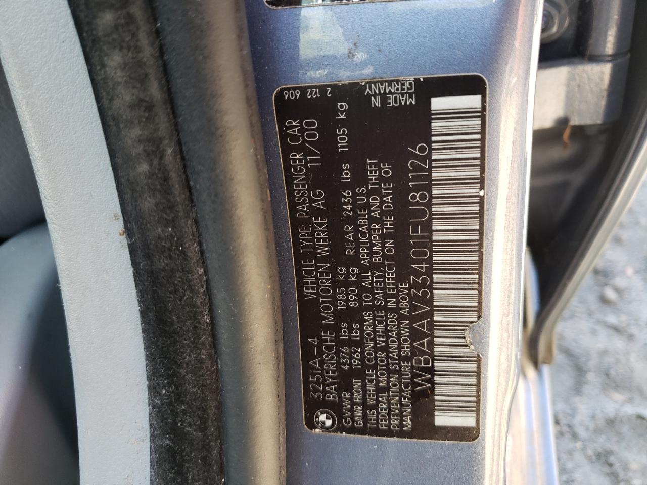 Photo 10 from auction – 2001 BMW 325 I with VIN WBAAV33401FU81126
