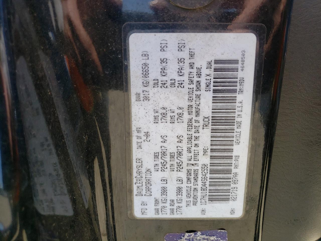 Photo 10 from auction – 2004 DODGE RAM 1500 S with VIN 1D7HU18D44S642550