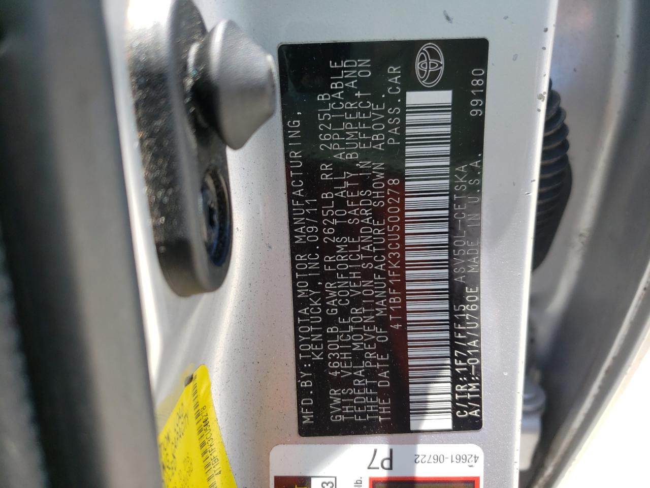 Photo 10 from auction – 2012 TOYOTA CAMRY BASE with VIN 4T1BF1FK3CU500278
