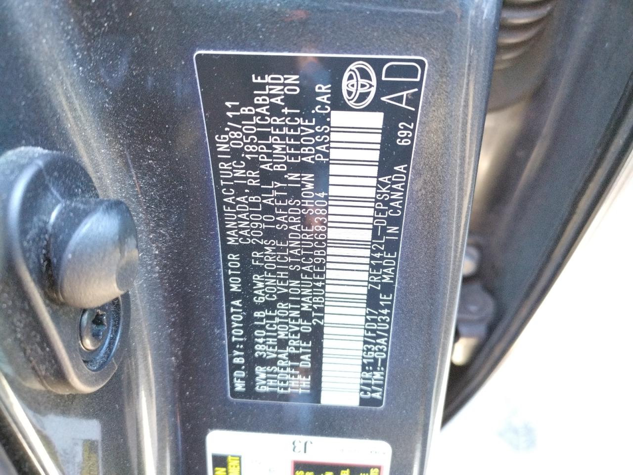Photo 10 from auction – 2011 TOYOTA COROLLA BA with VIN 2T1BU4EE9BC683804